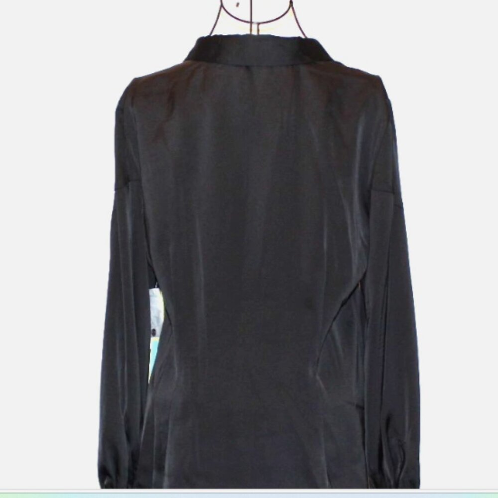Black Satin Blouse Button Front Shirt Long Sleeve Top CeCe M NWT Puff Sleeves - Picture 8 of 8